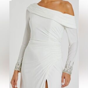 Mac Duggal Off-Shoulder White Dress with Silver Embellishments